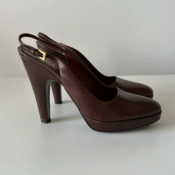 Prada Brown Leather Platform Slingback Heels - Picture 2 of 7